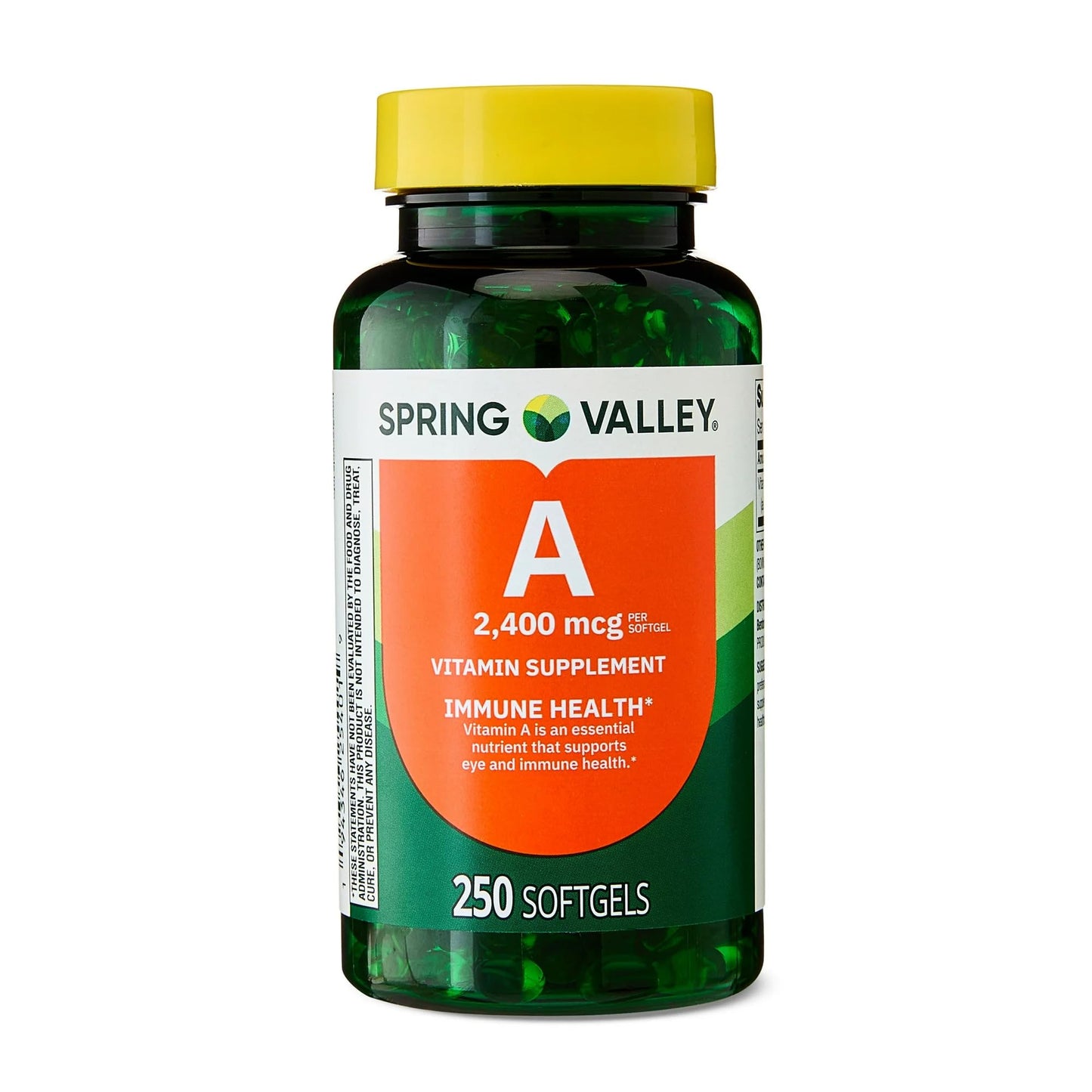 Close up of Spring Valley Vitamin A 250 softgels label