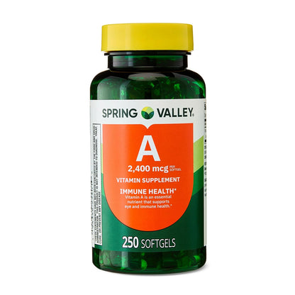 Close up of Spring Valley Vitamin A 250 softgels label