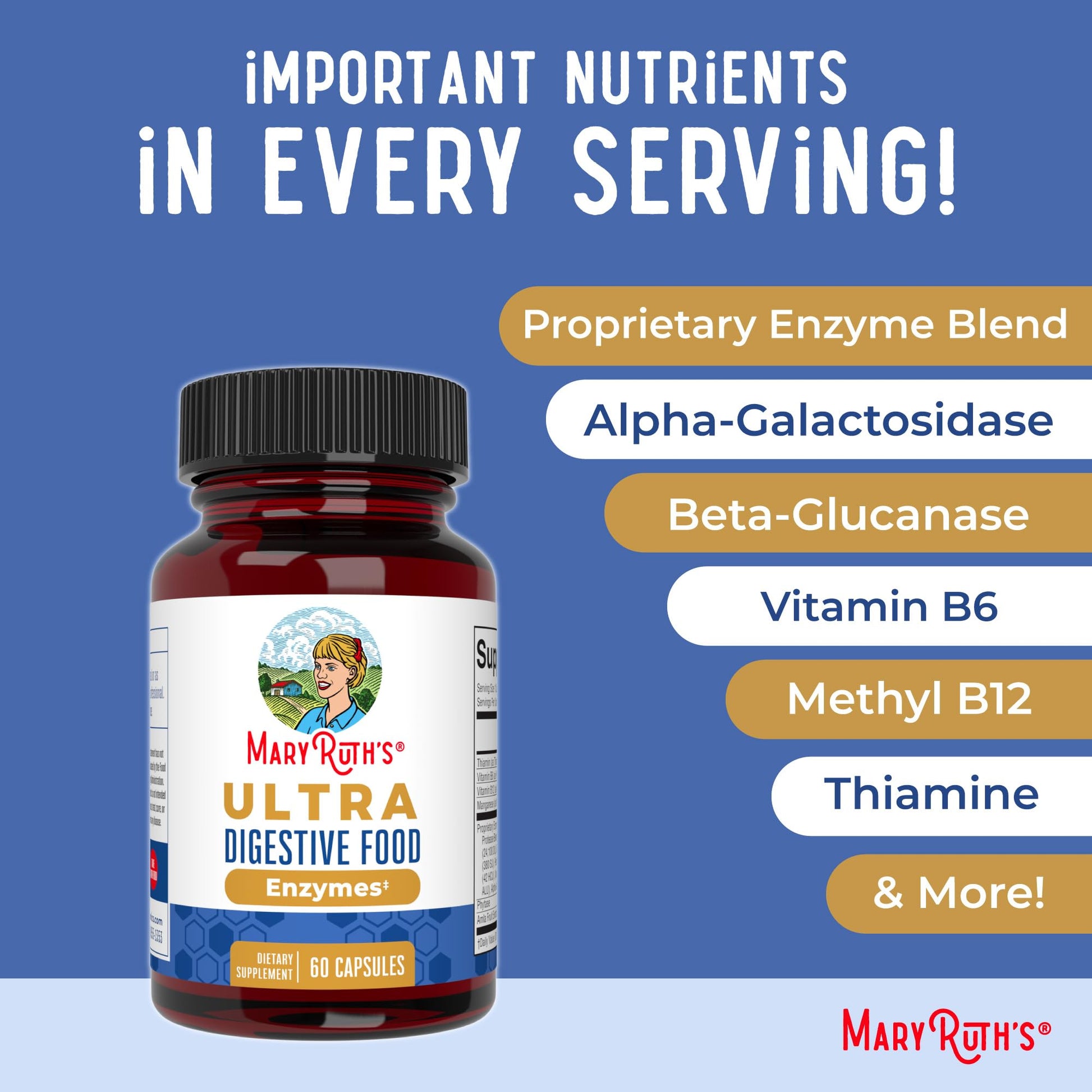 MaryRuth Organics plant based lactase protease and amylase capsules close up view
