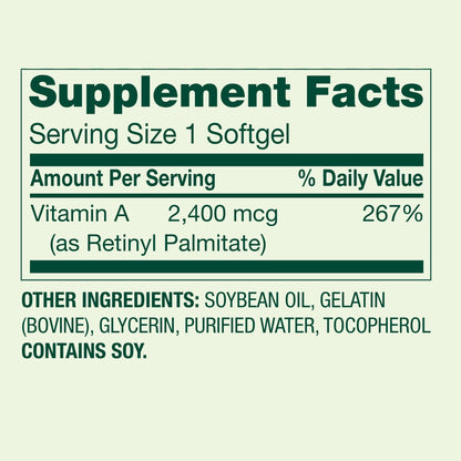 Back of bottle showing supplement facts for Spring Valley Vitamin A