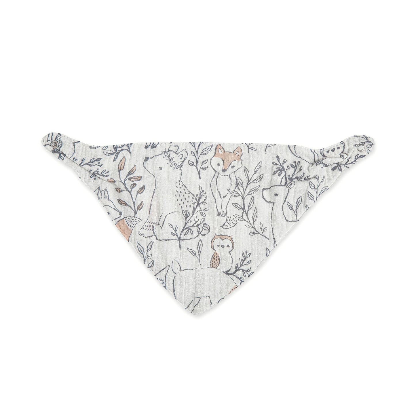 Baby wearing woodland animal print bandana style bib