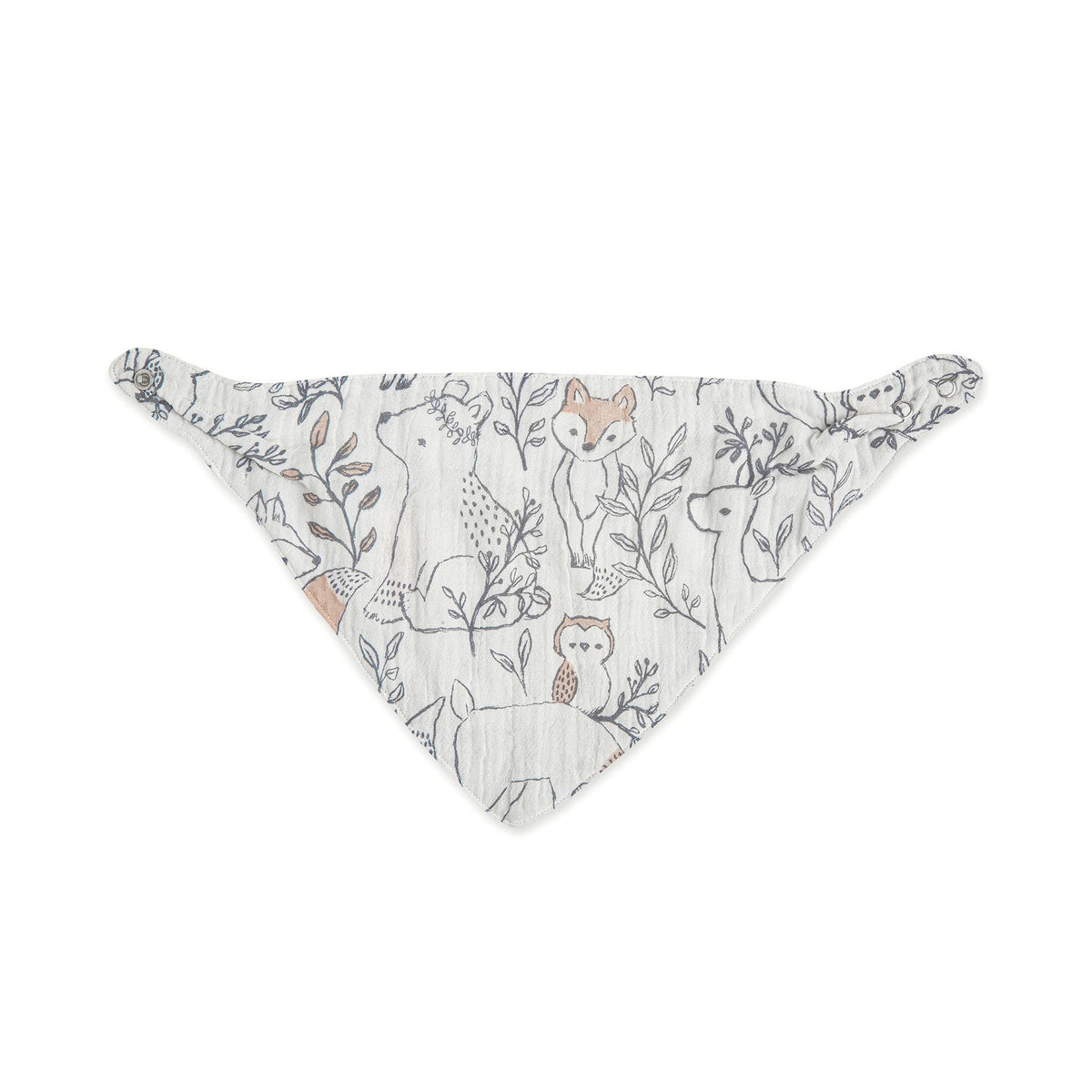 Baby wearing woodland animal print bandana style bib
