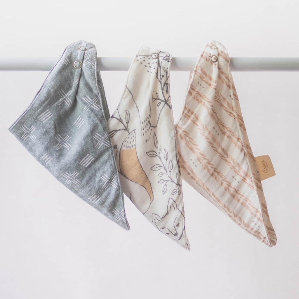 Top view of three unique Crane Baby muslin bib designs