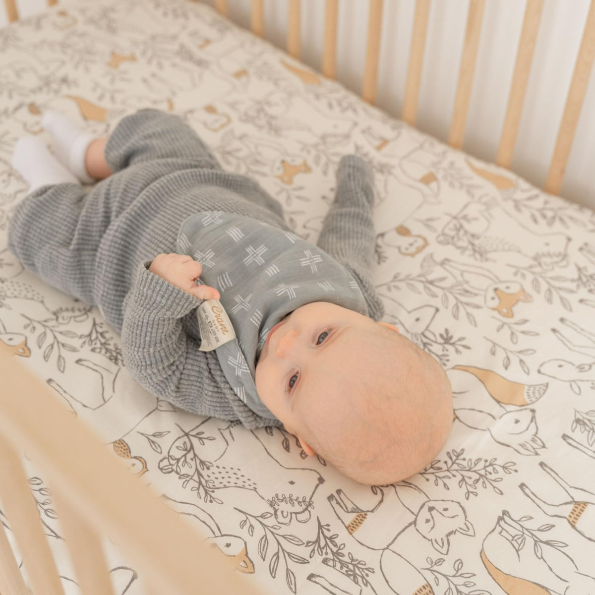 Close up of snap button closure on authentic Crane Baby bibs
