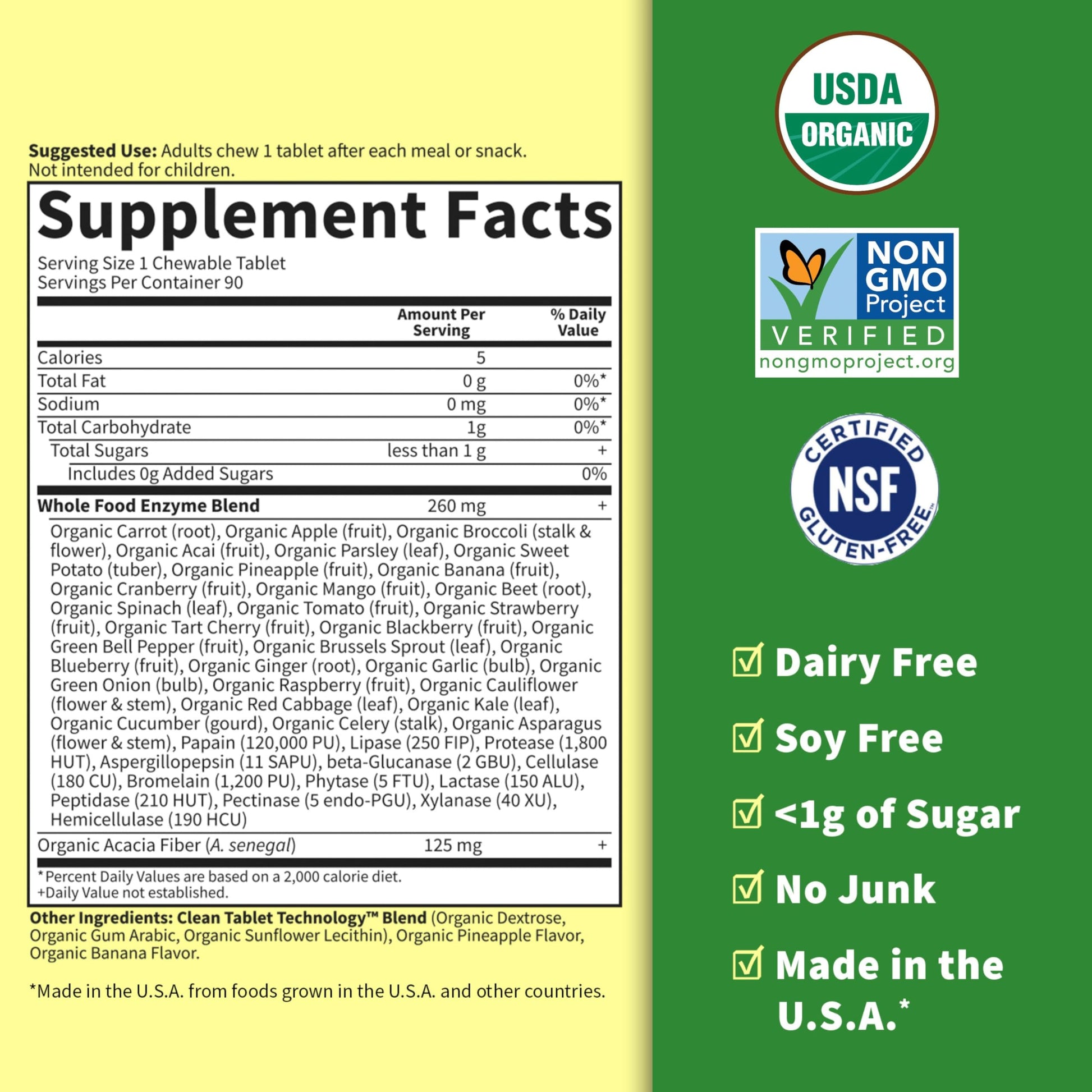 Product packaging view highlighting that this clean full spectrum enzyme blend is dairy free, soy free, and gluten free.