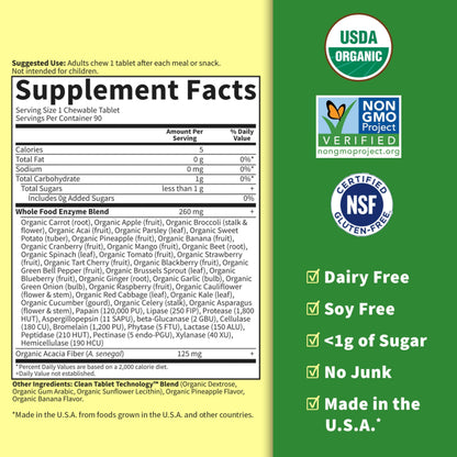 Product packaging view highlighting that this clean full spectrum enzyme blend is dairy free, soy free, and gluten free.