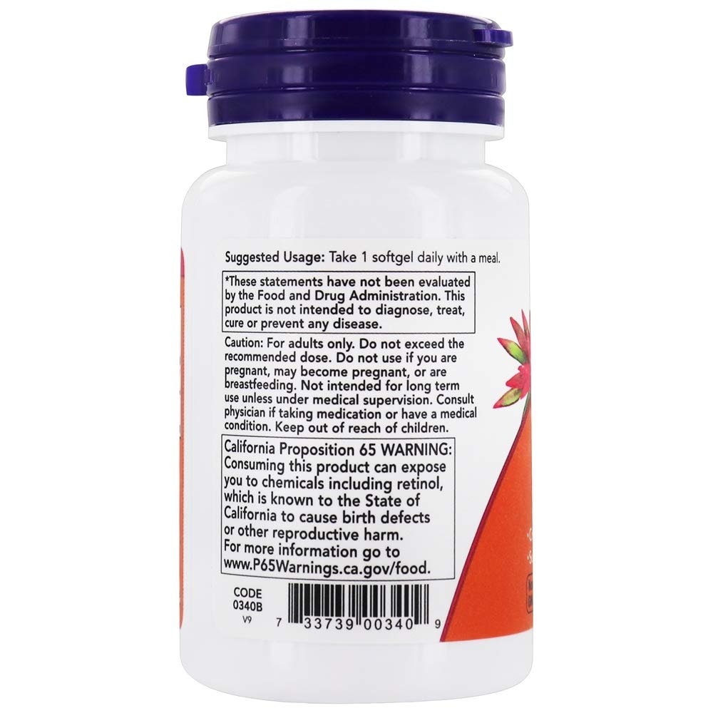 Side profile of Now Foods Vitamin A 25000 IU bottle