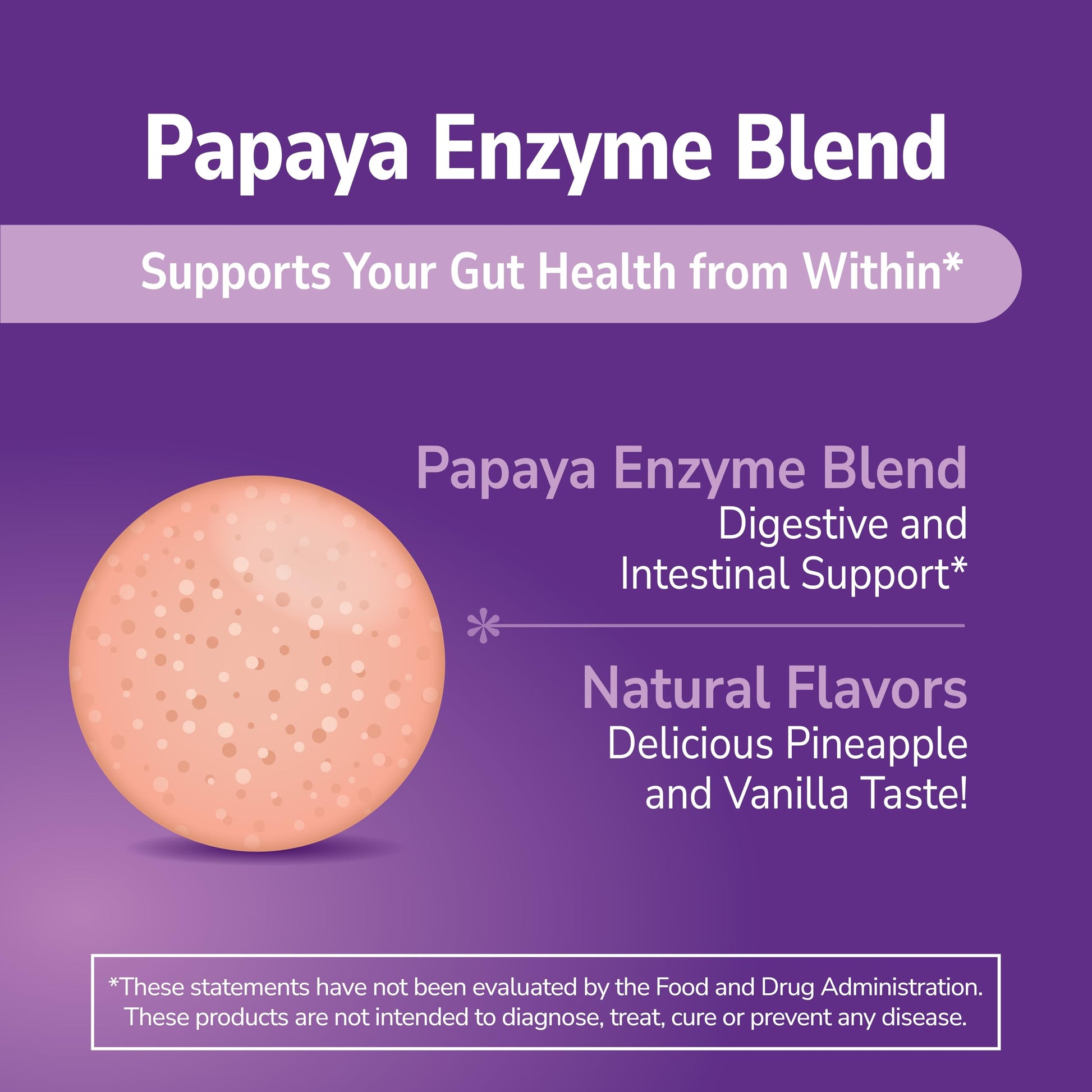 Tropical flavor papaya digestive enzyme tablets displayed next to the product packaging.