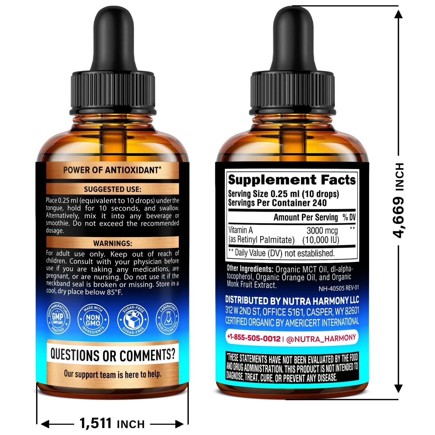 NutraHarmony Vegan Vitamin A liquid drops label detail