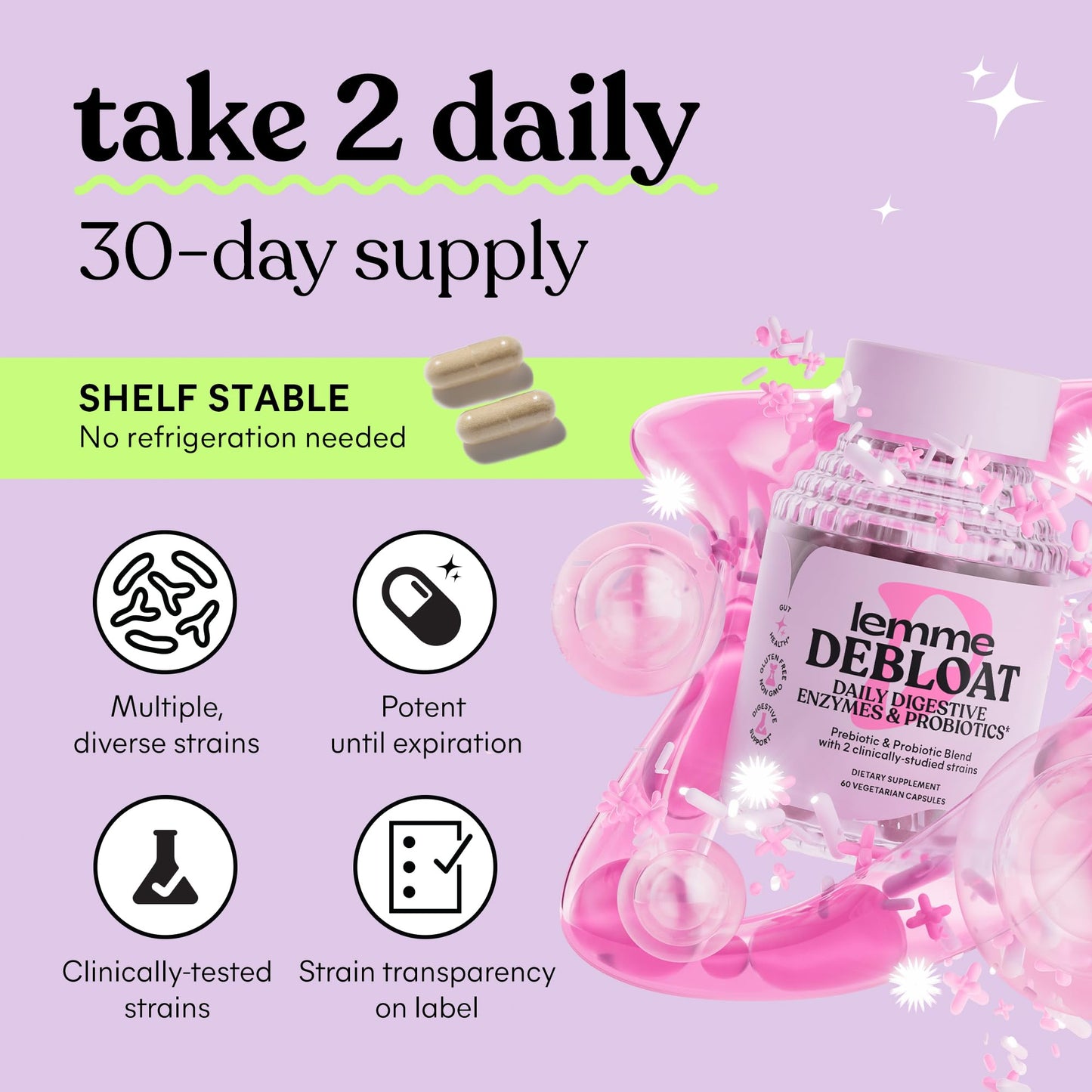 Side angle of Lemme Debloat vegan gut health supplement showing clear capsule contents.