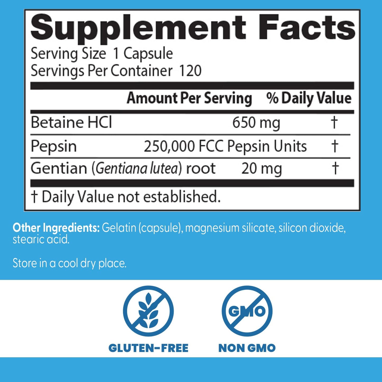 Side angle view of USA imported Doctor's Best Betaine HCl and Pepsin capsules bottle.
