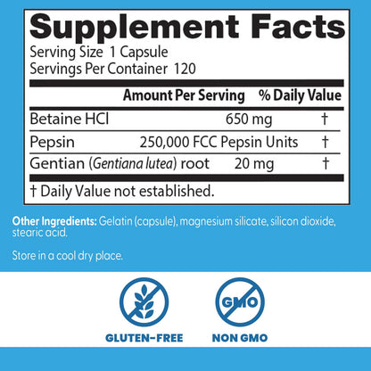 Side angle view of USA imported Doctor's Best Betaine HCl and Pepsin capsules bottle.