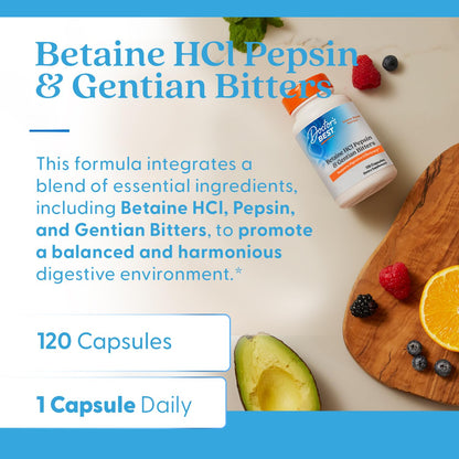 Doctor's Best Betaine Hydrochloride packaging showcasing non-GMO and gluten-free certifications.