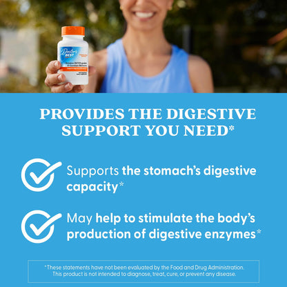 Close-up of the capsule count and directions for the Doctor's Best stomach acid supplement.