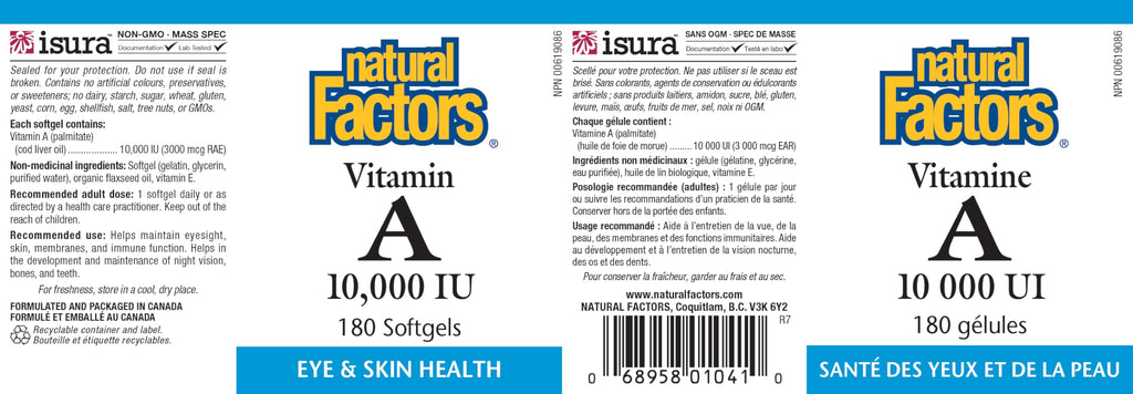 Natural Factors Vitamin A 180 softgels packaging layout