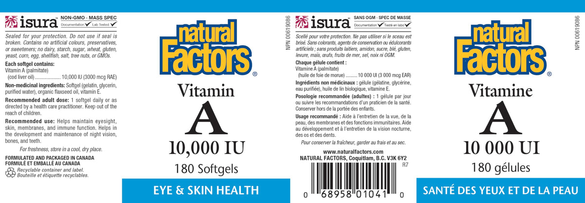 Natural Factors Vitamin A 180 softgels packaging layout
