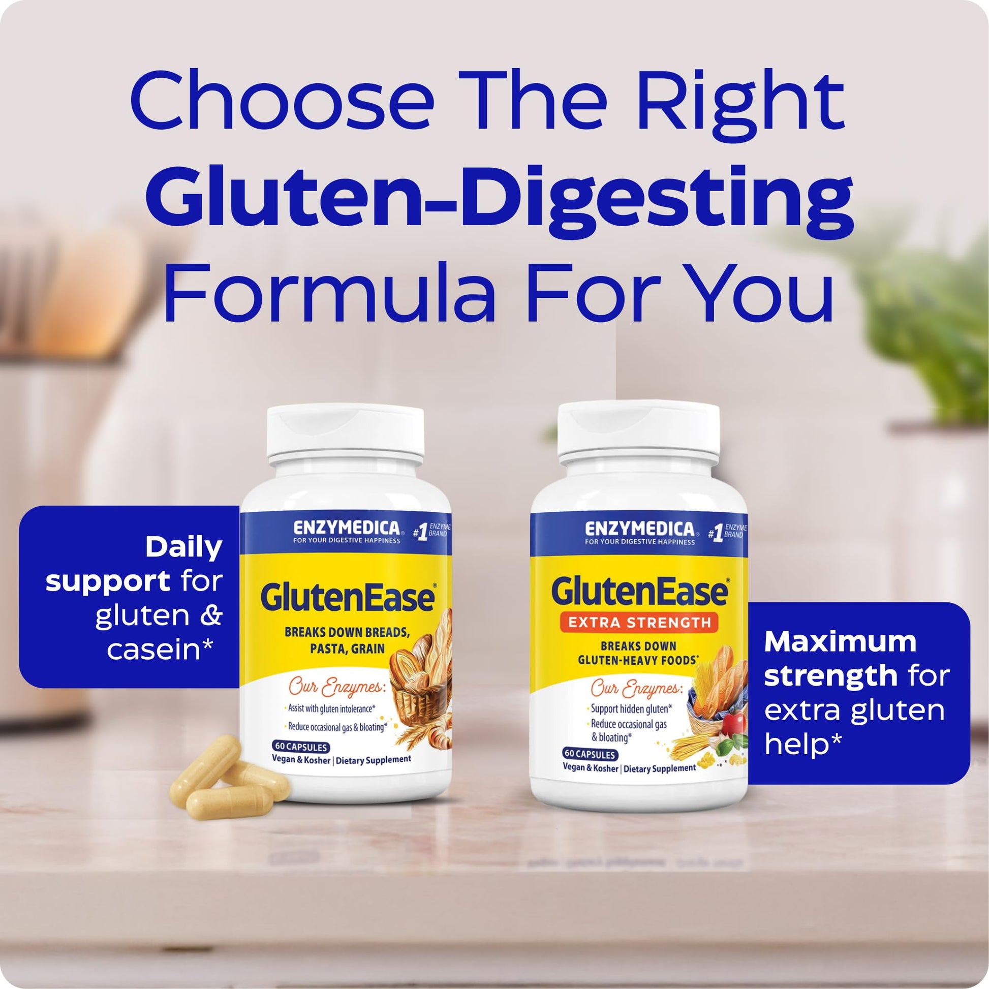Enzymedica GlutenEase sixty capsules bottle showing certified kosher and vegan labels