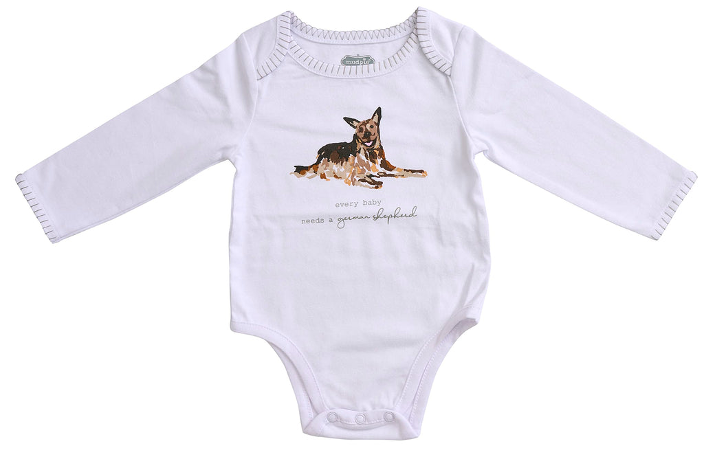 Mud Pie baby dog breed long sleeve bodysuit with blanket stitch