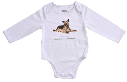 Mud Pie baby dog breed long sleeve bodysuit with blanket stitch