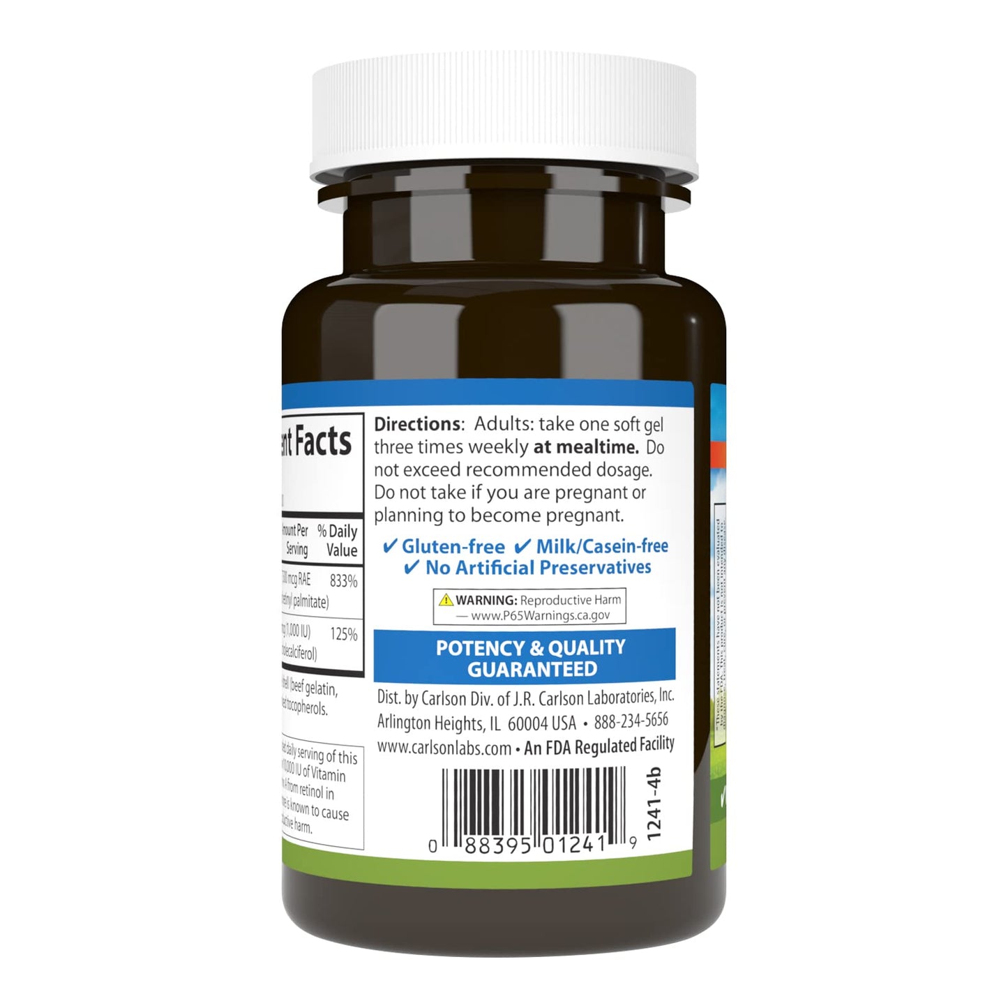 High potency Carlson Vitamin A and D3 softgels container
