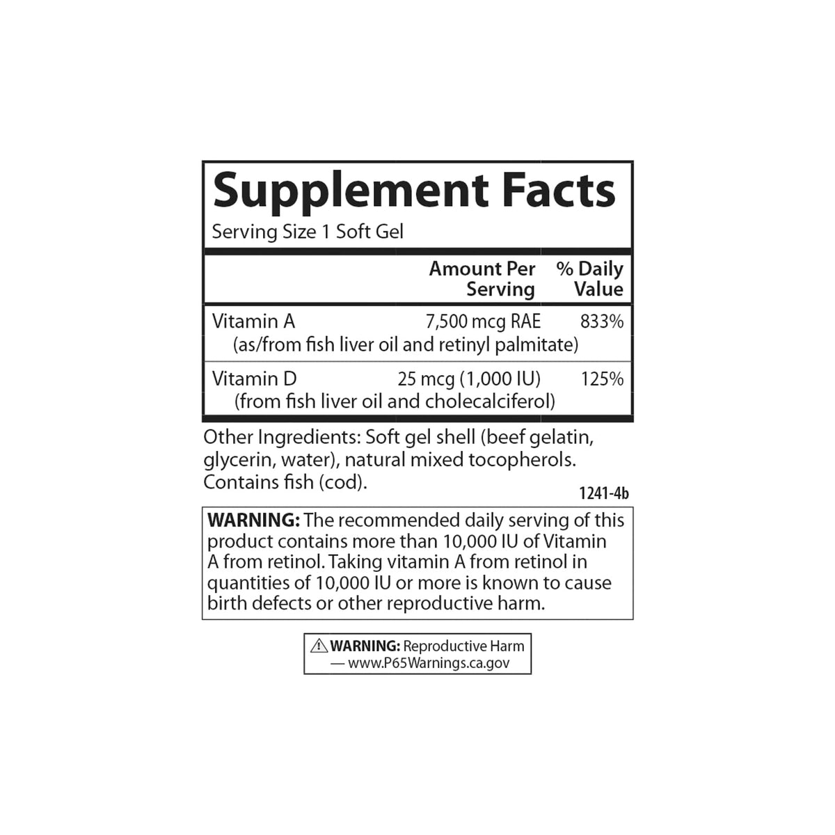 Carlson 100 softgels bottle back nutrition facts