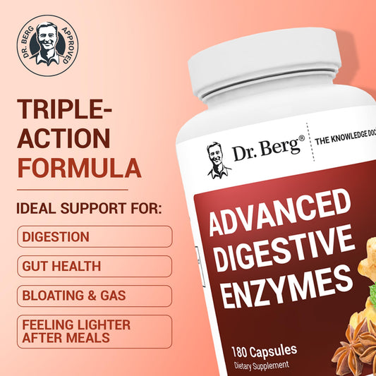 Dr Berg Advanced Digestive Enzymes packaging showing supplement facts and 200mg Betaine HCl