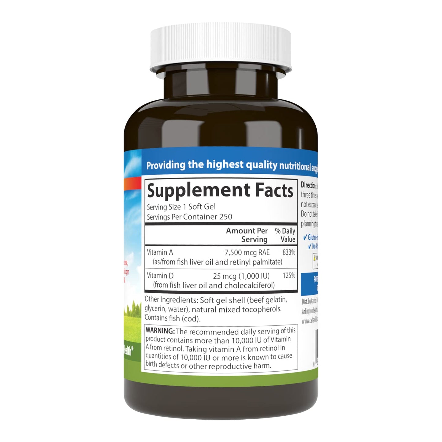 Carlson Vitamin A and D 250 softgels supplement bottle label