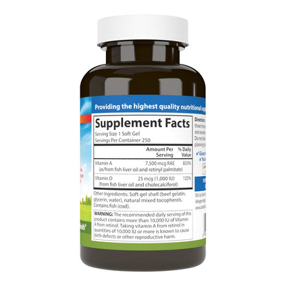 Carlson Vitamin A and D 250 softgels supplement bottle label
