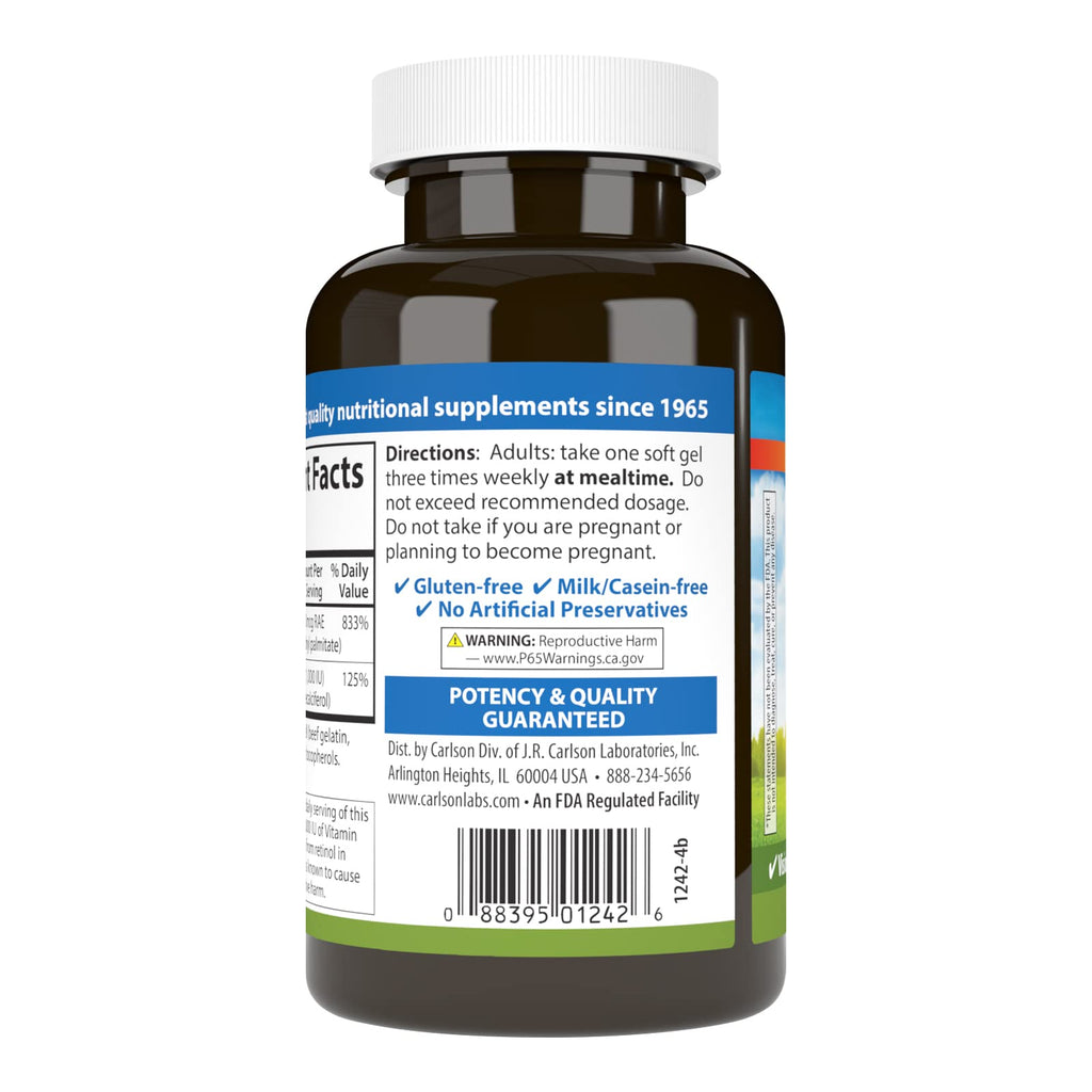 Carlson A and D supplement label highlighting 25000 IU potency