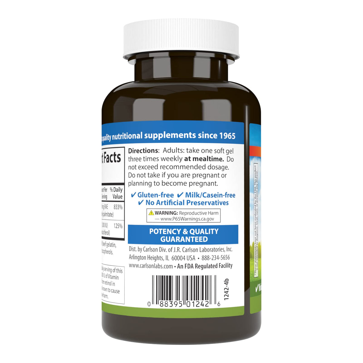 Carlson A and D supplement label highlighting 25000 IU potency