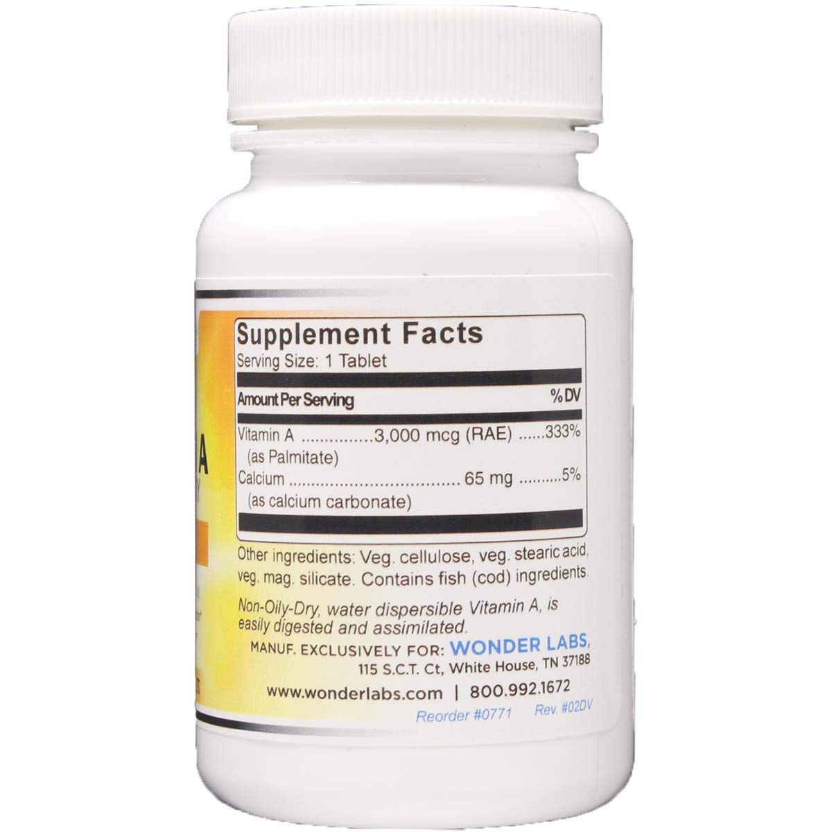 Close up of Wonder Laboratories Vitamin A supplement bottle label
