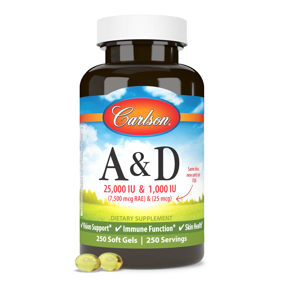 Close up of Carlson amber bottle and softgel capsules