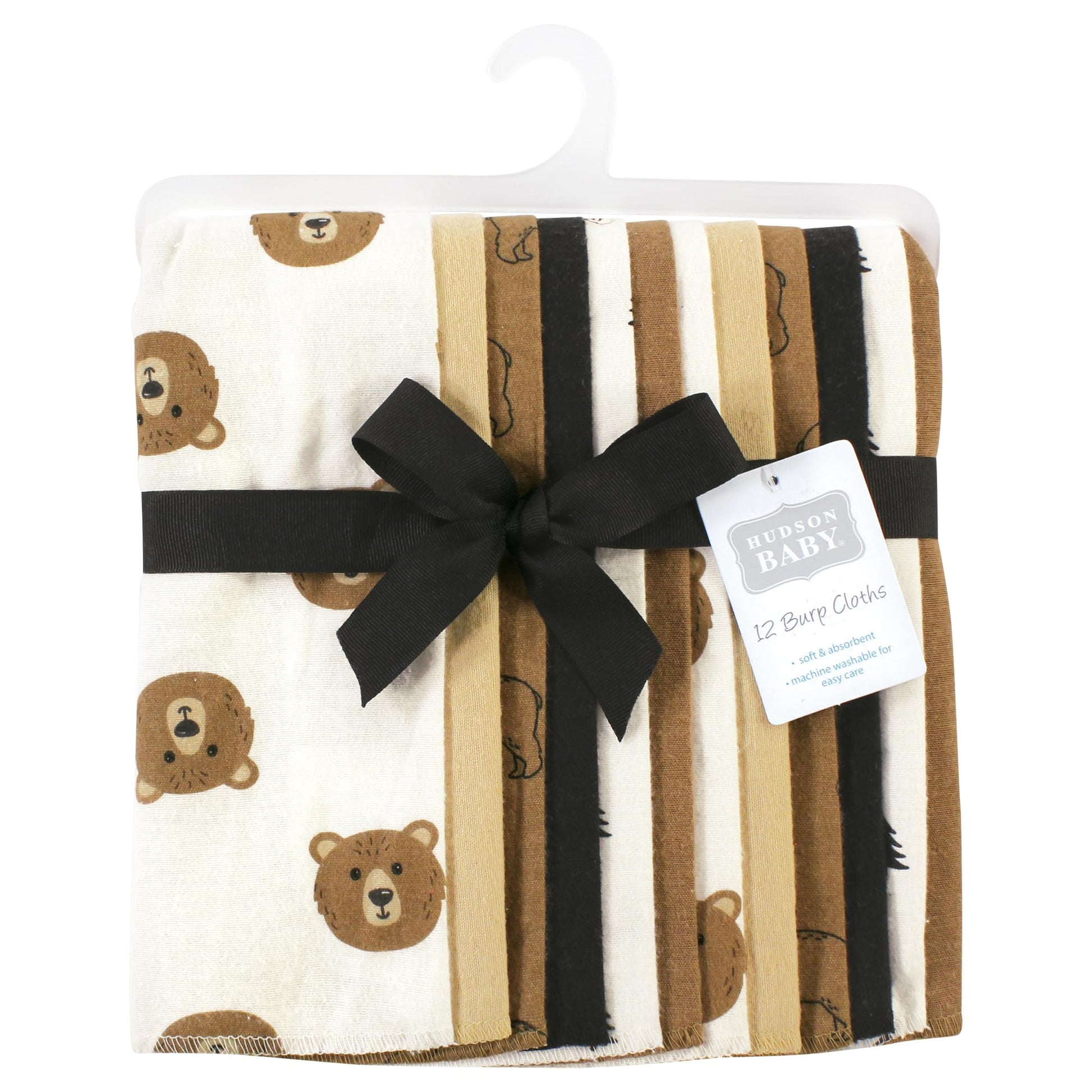 Folded Hudson Baby burp cloths in brown bear design