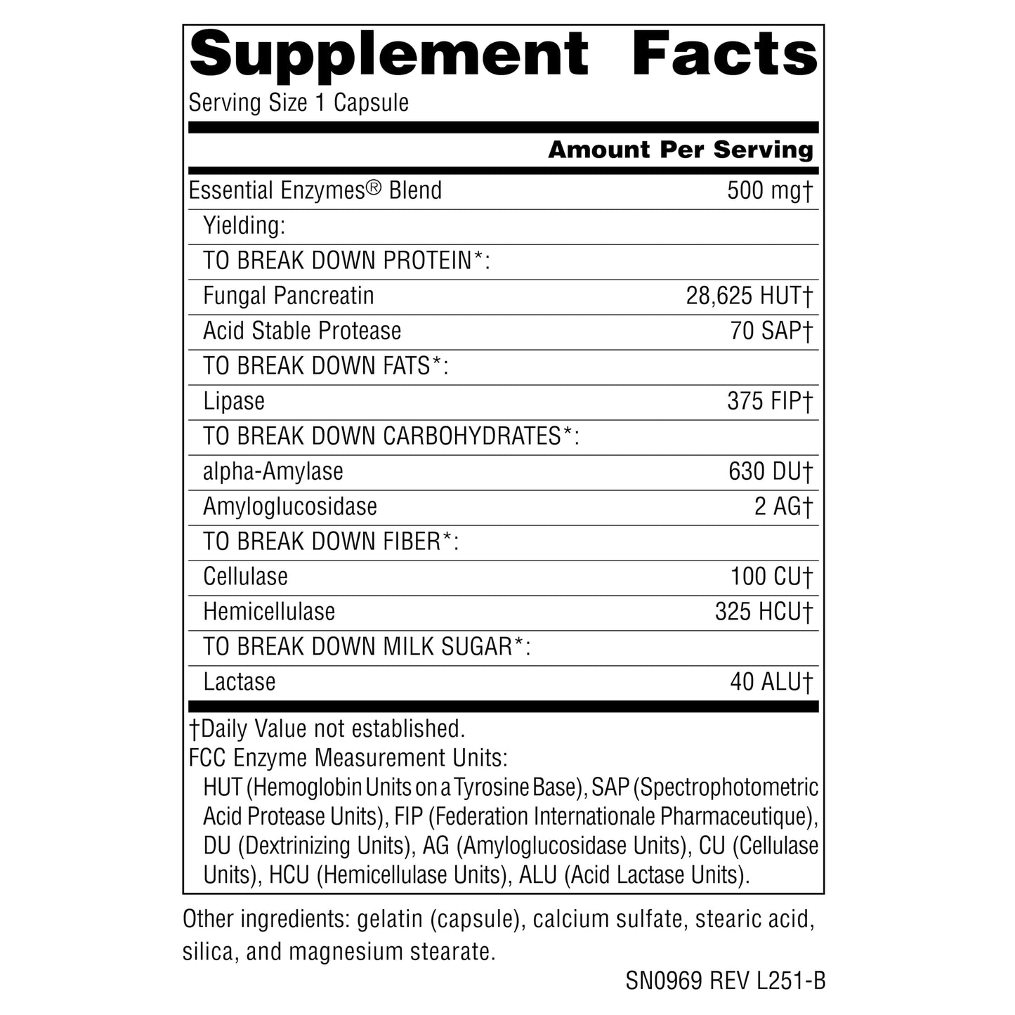 All-vegetarian enzyme blend supplement bottle highlighting broad-spectrum formula details.