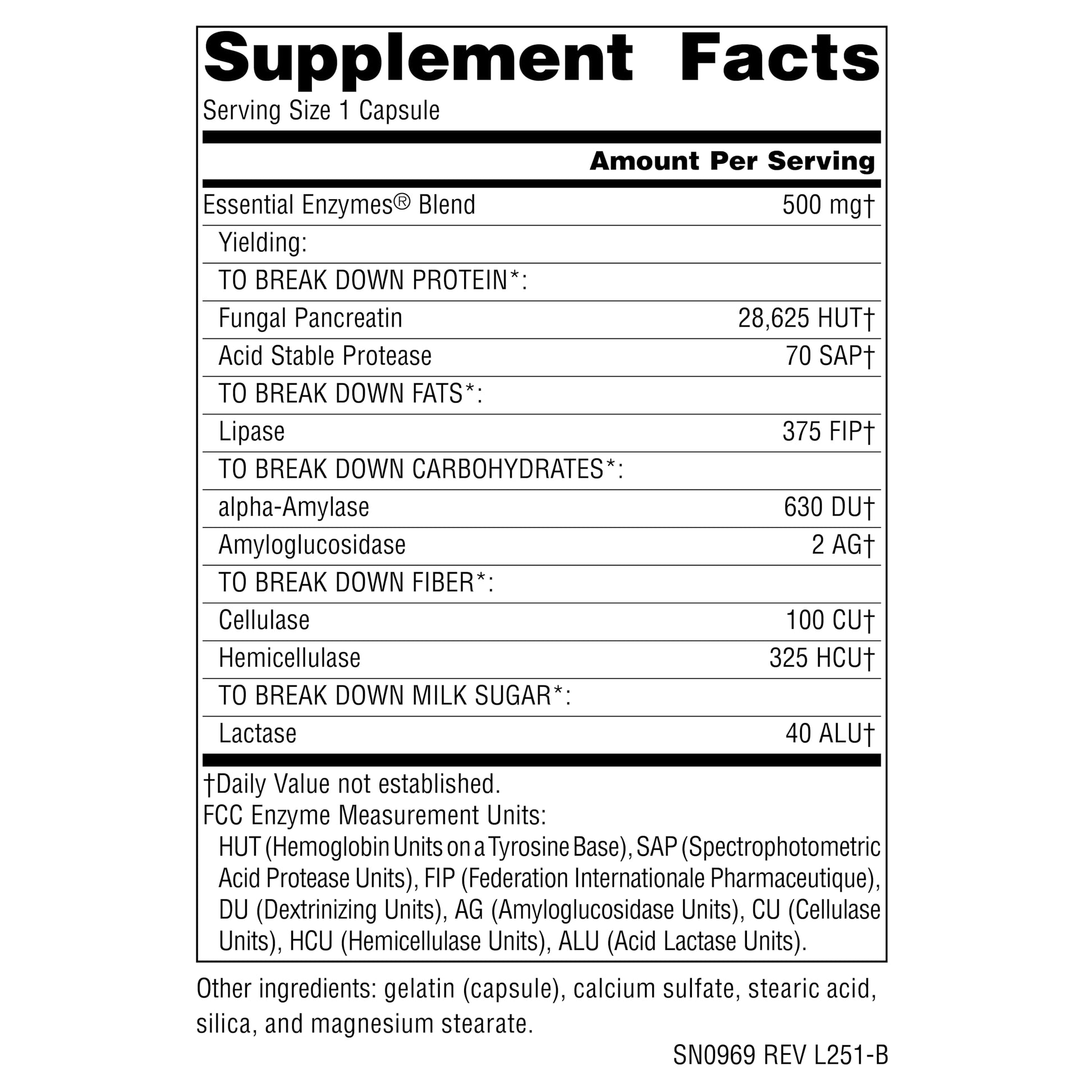 All-vegetarian enzyme blend supplement bottle highlighting broad-spectrum formula details.