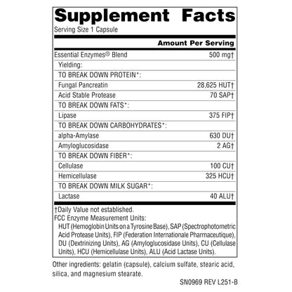 All-vegetarian enzyme blend supplement bottle highlighting broad-spectrum formula details.