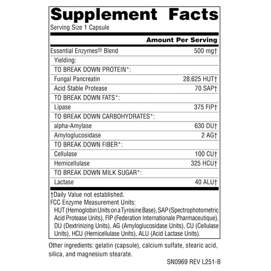 All-vegetarian enzyme blend supplement bottle highlighting broad-spectrum formula details.