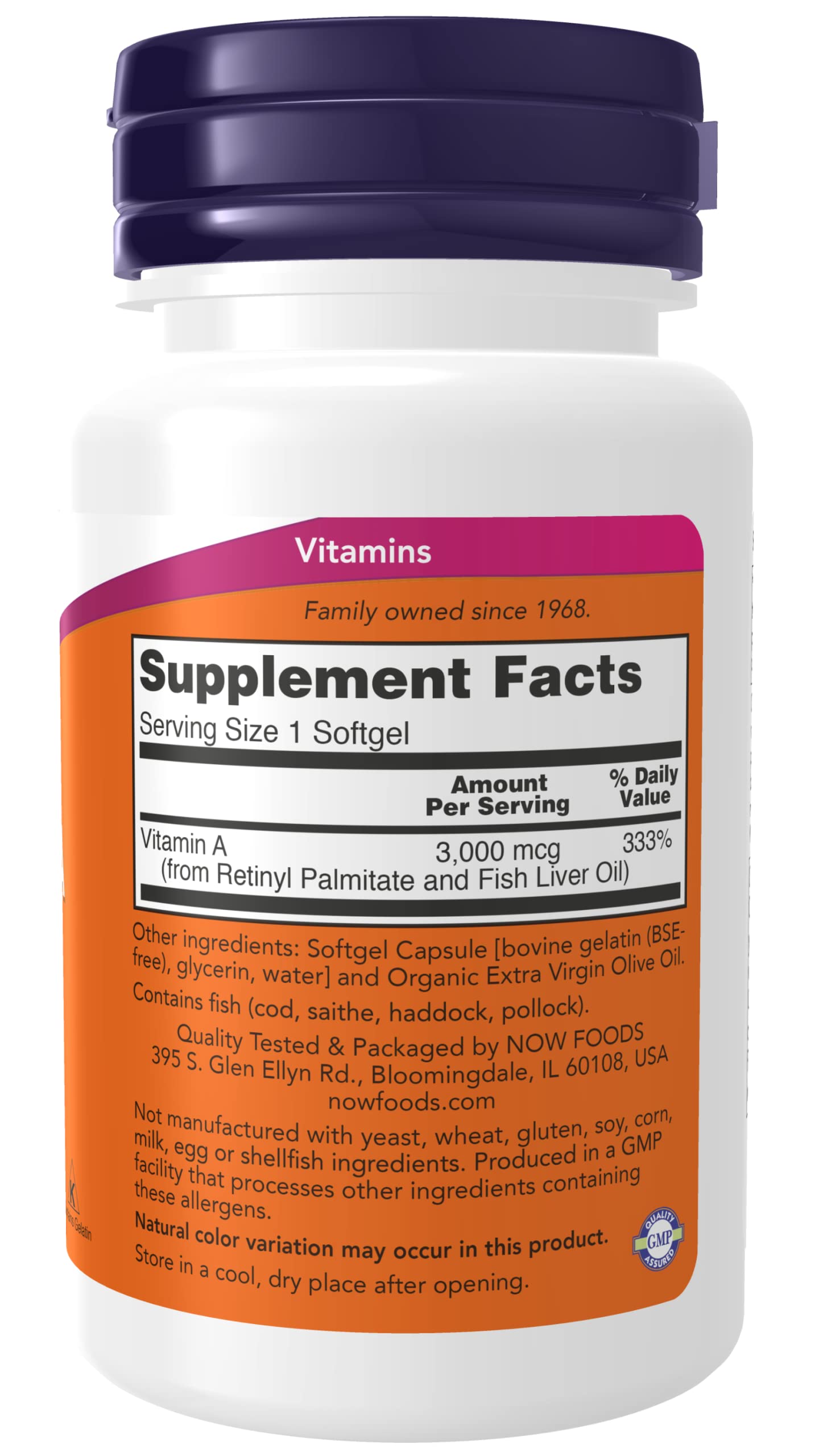 Now Foods Vitamin A 10000 IU supplement facts label