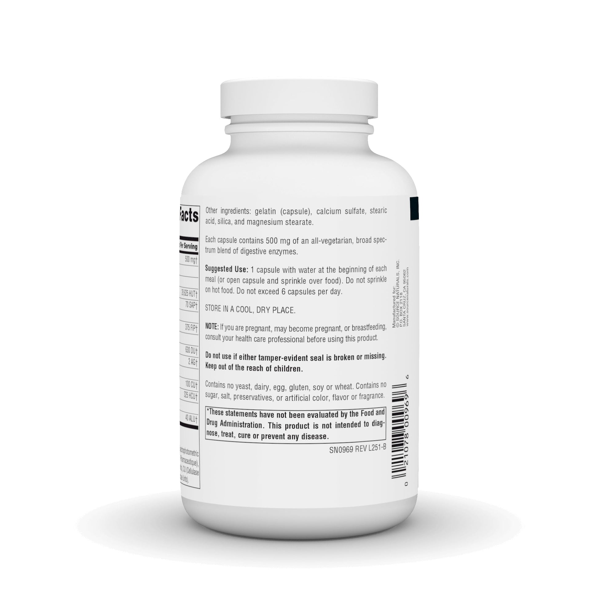 Premium health supplement bottle showing instructions for usage and allergen information.