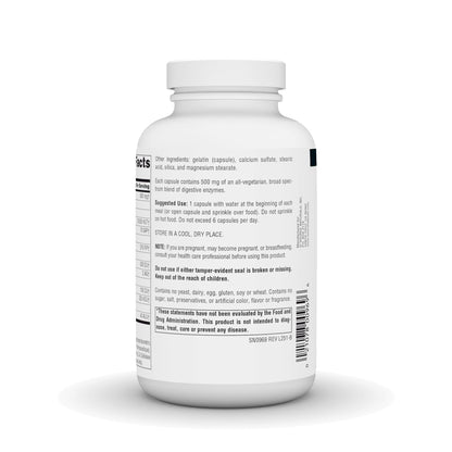 Premium health supplement bottle showing instructions for usage and allergen information.