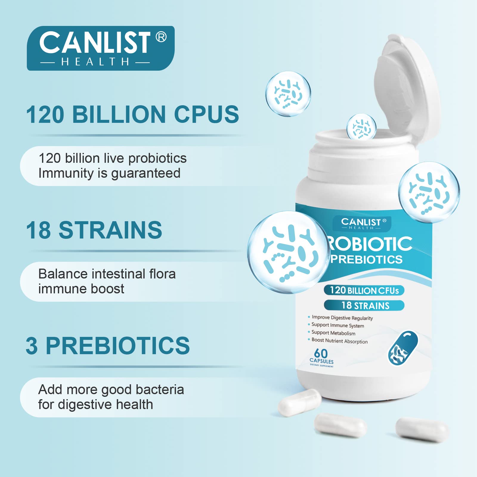 Side view of shelf stable probiotic bottle highlighting the vegan and non GMO ingredient labels