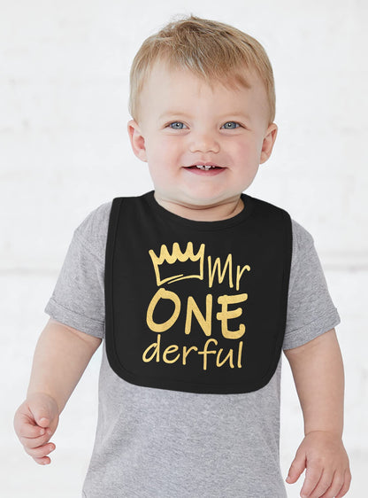 Close up view of the handmade Mr Onederful embroidery and crown detail
