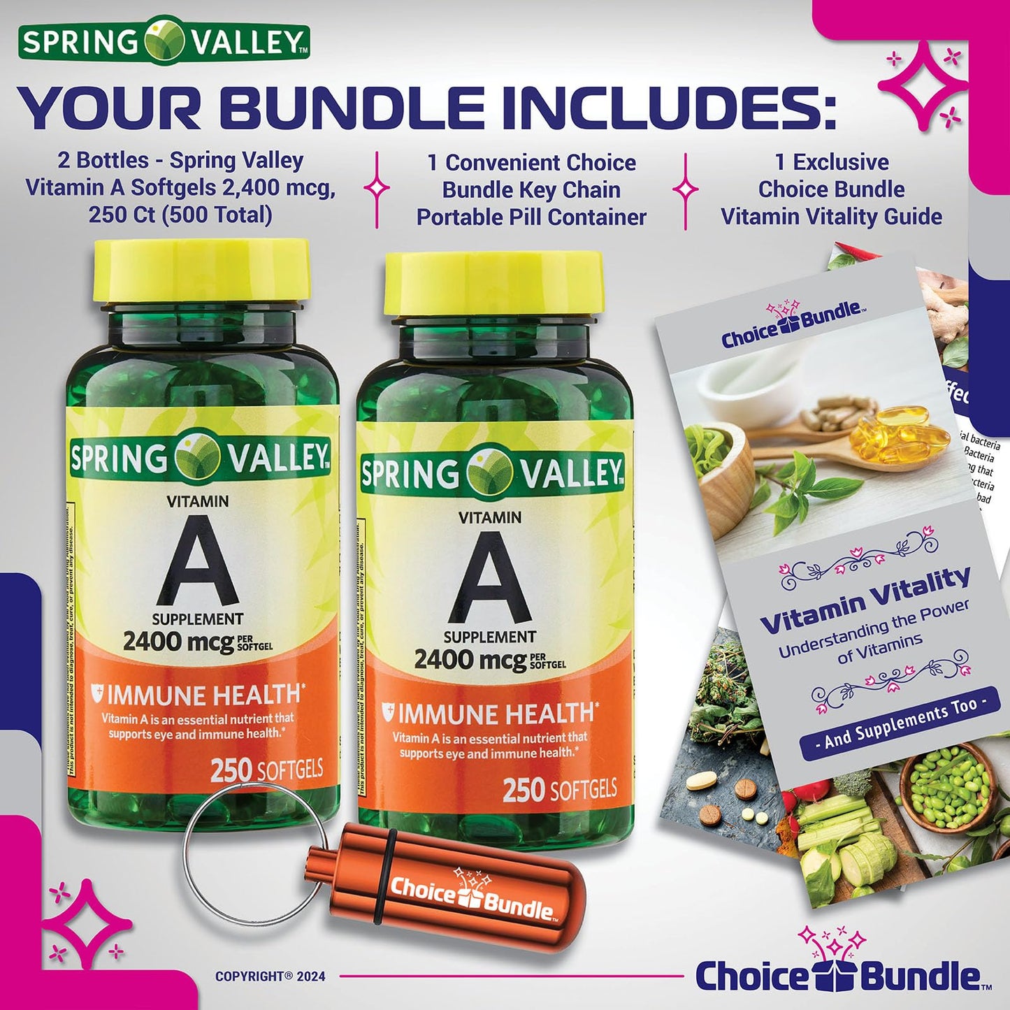 Close up of Spring Valley Vitamin A supplement bottle