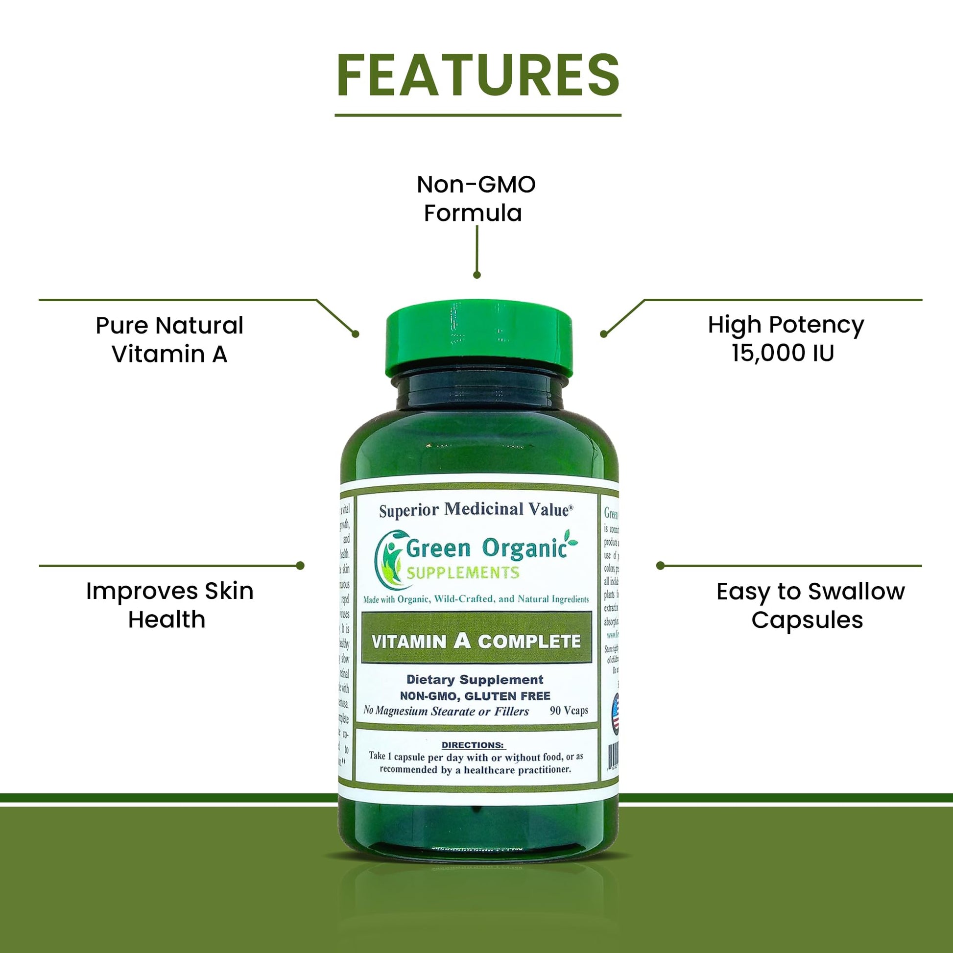 Green Organic Supplements Vitamin A bottle side view showing ingredients