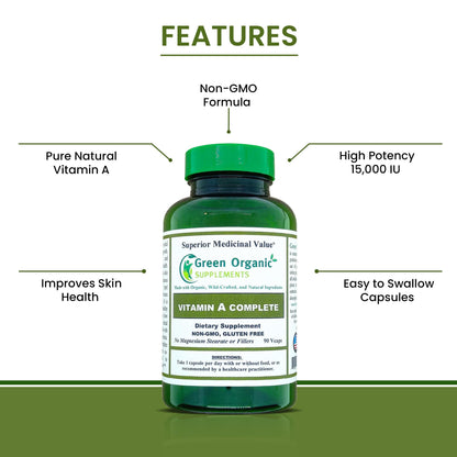 Green Organic Supplements Vitamin A bottle side view showing ingredients