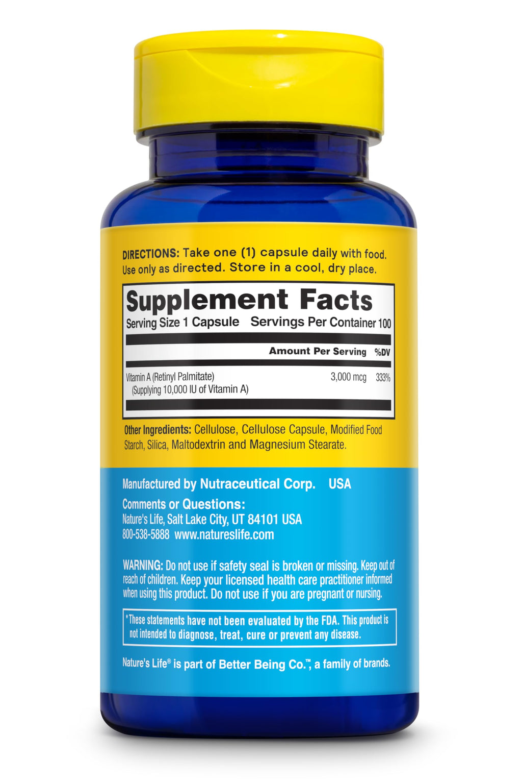 Natures Life Vitamin A Supplement 100 Count bottle label details