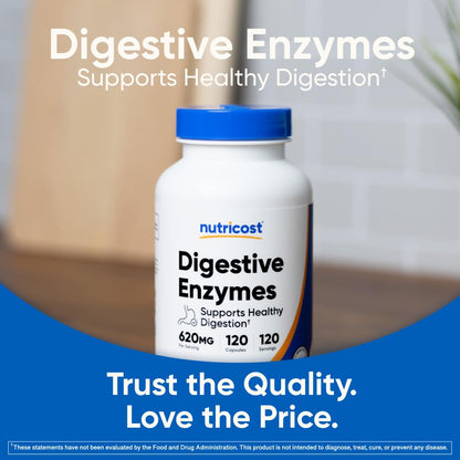 Nutricost enzyme dietary supplement bottle showing third party tested certification logo.