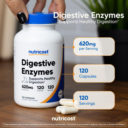 Nutricost 620 mg digestive capsules container top view displaying tight sealing mechanism.