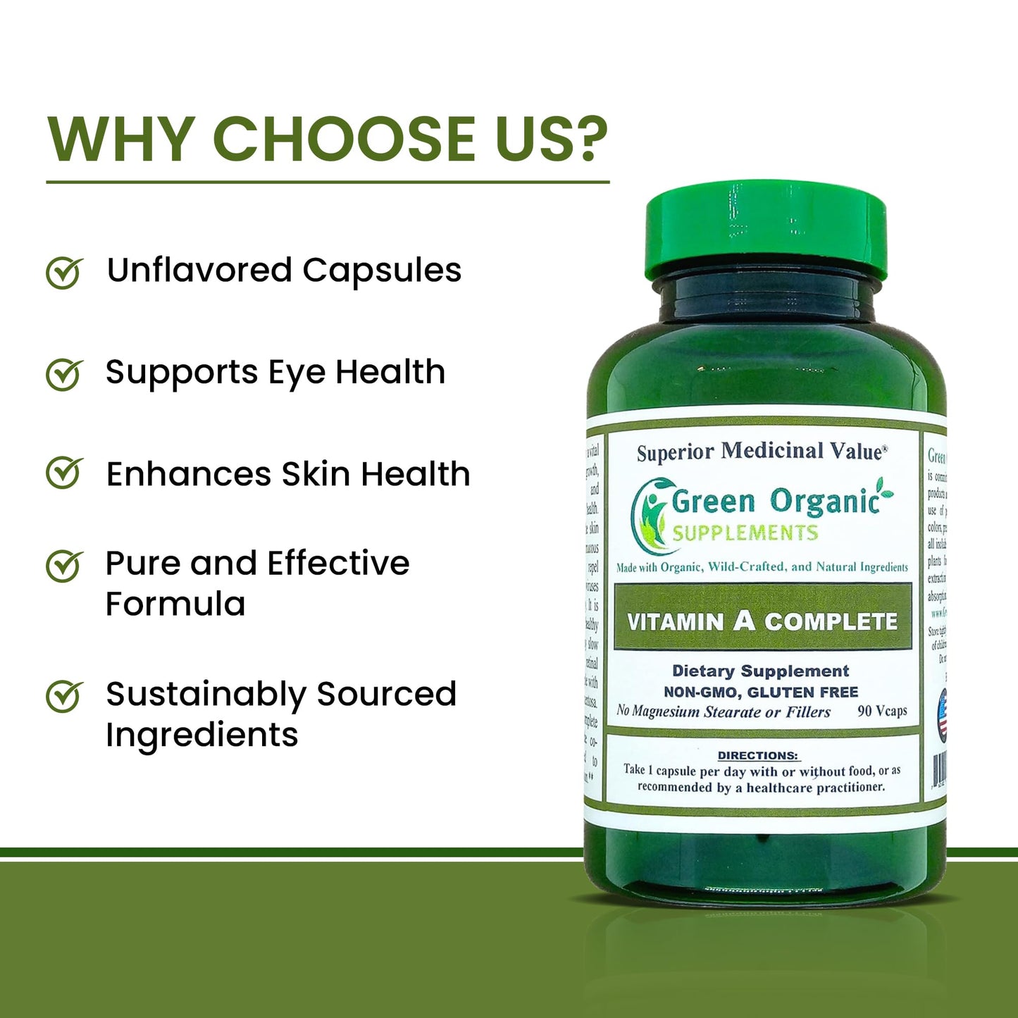 Authentic USA imported Green Organic Supplements Vitamin A packaging