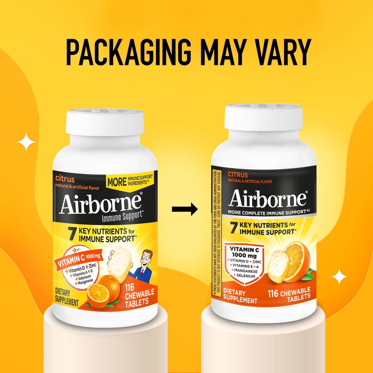 Airborne dietary supplement bottle showing 116 chewable tablets count